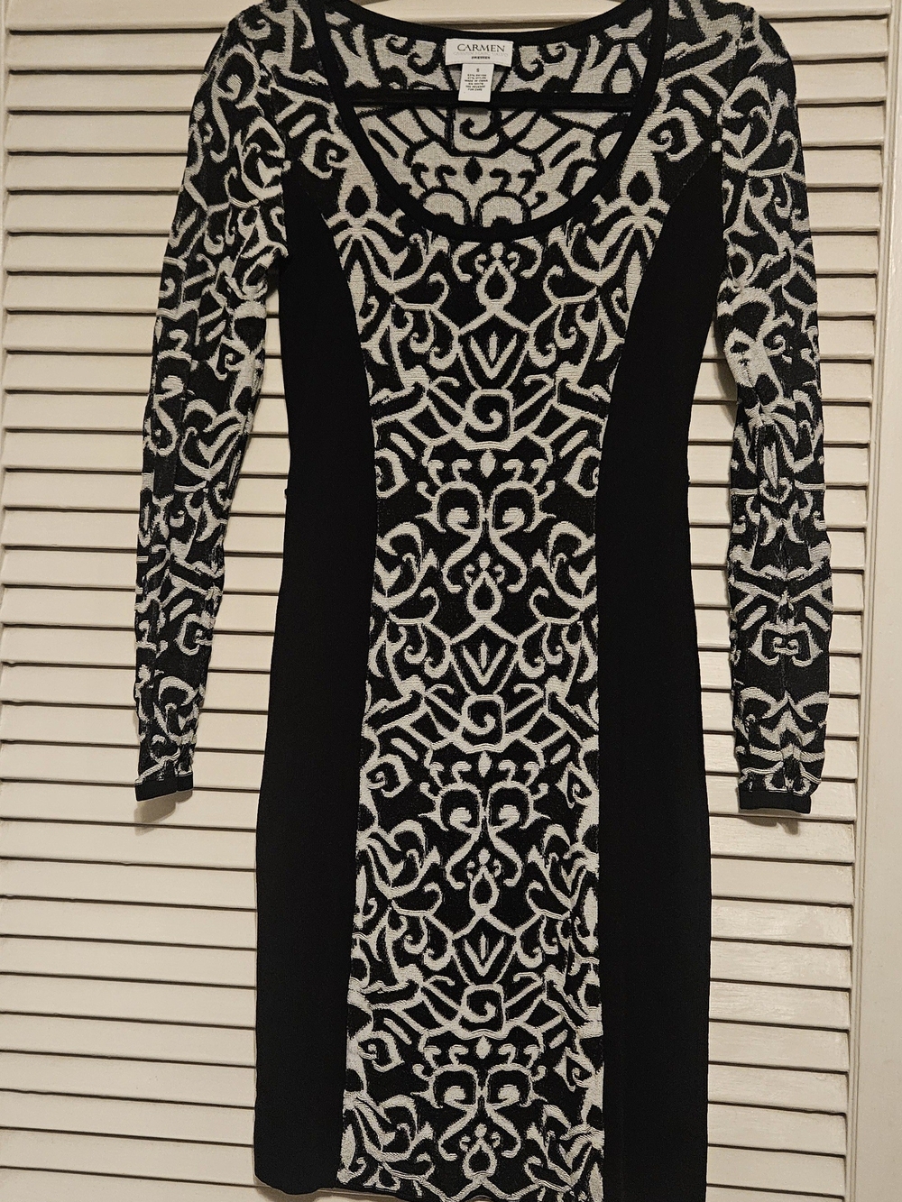 Carmen Marc Valvo Black & White Patterned Long Sleeve Dress SIZE S